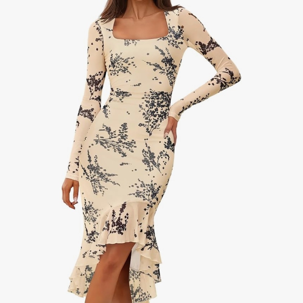 Chic Beige Floral Long Sleeve Dress